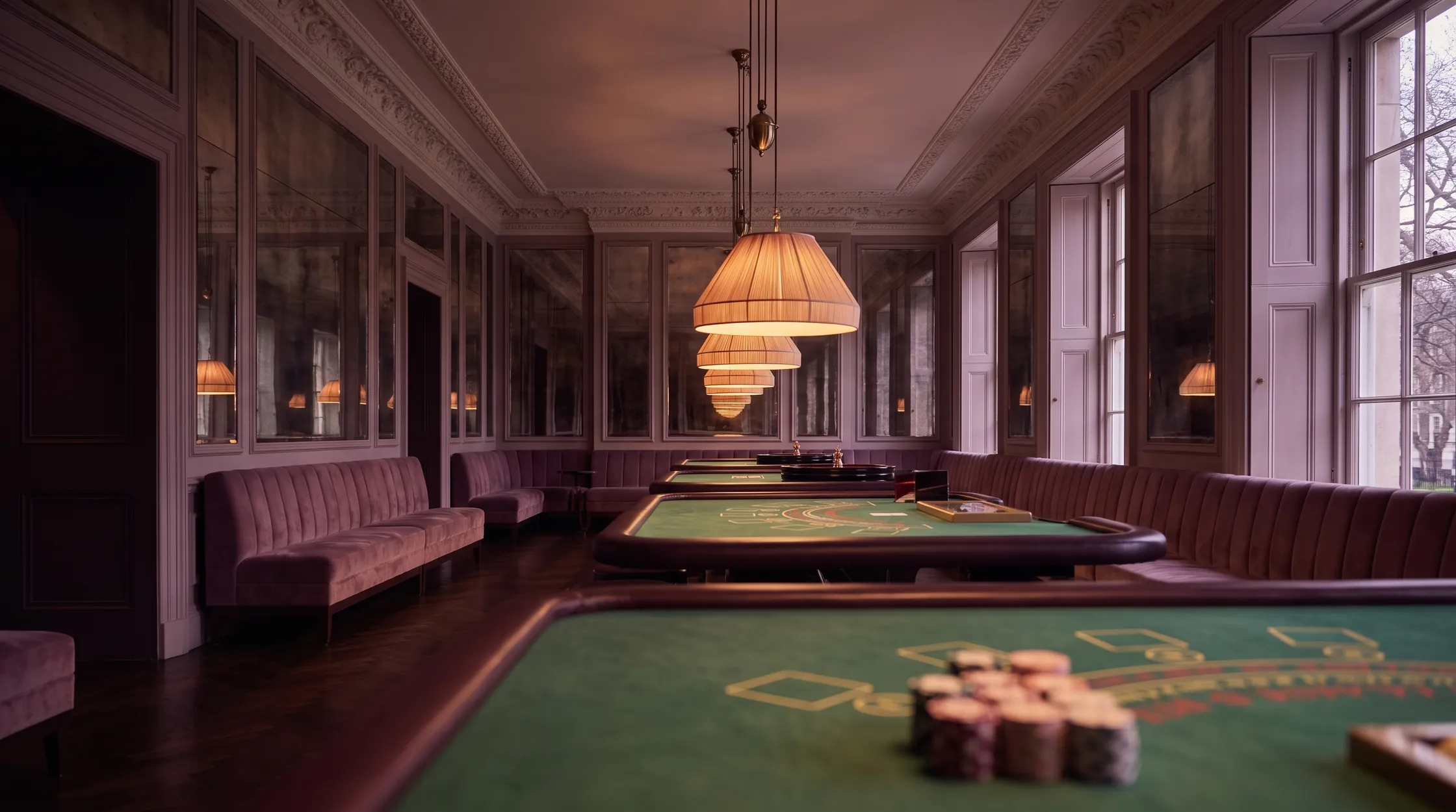 The Long Salon: baize tables receding under silk-shaded pendant lamps between smoked-mirror panels